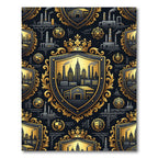Golden Royal Industrial Emblem Navy Crest Rug