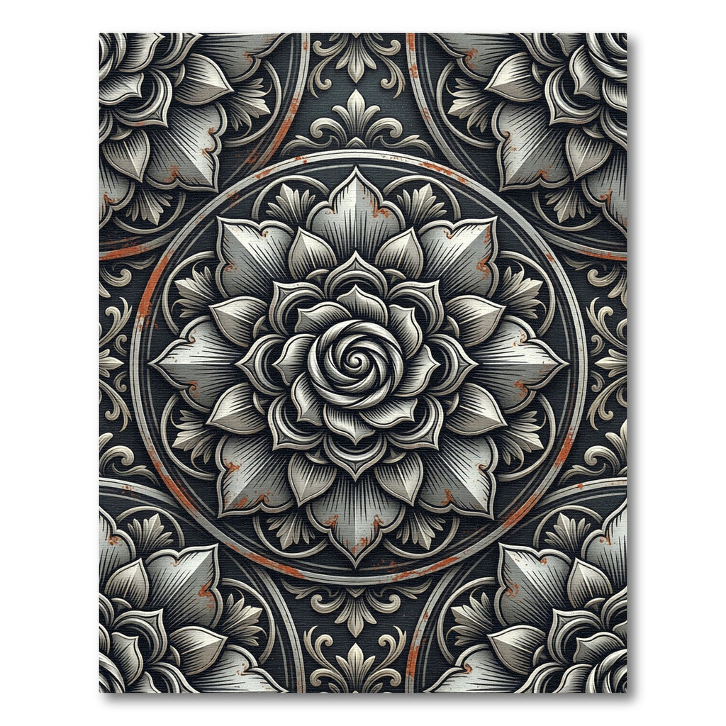 Weathered Silver Metallic Floral Medallion Rug