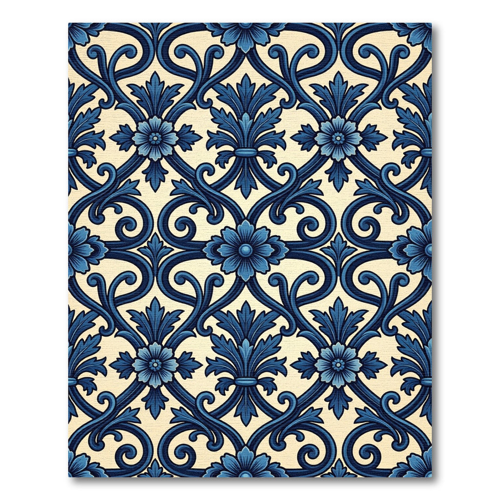 Deep Blue Floral Acanthus Scrollwork Rug
