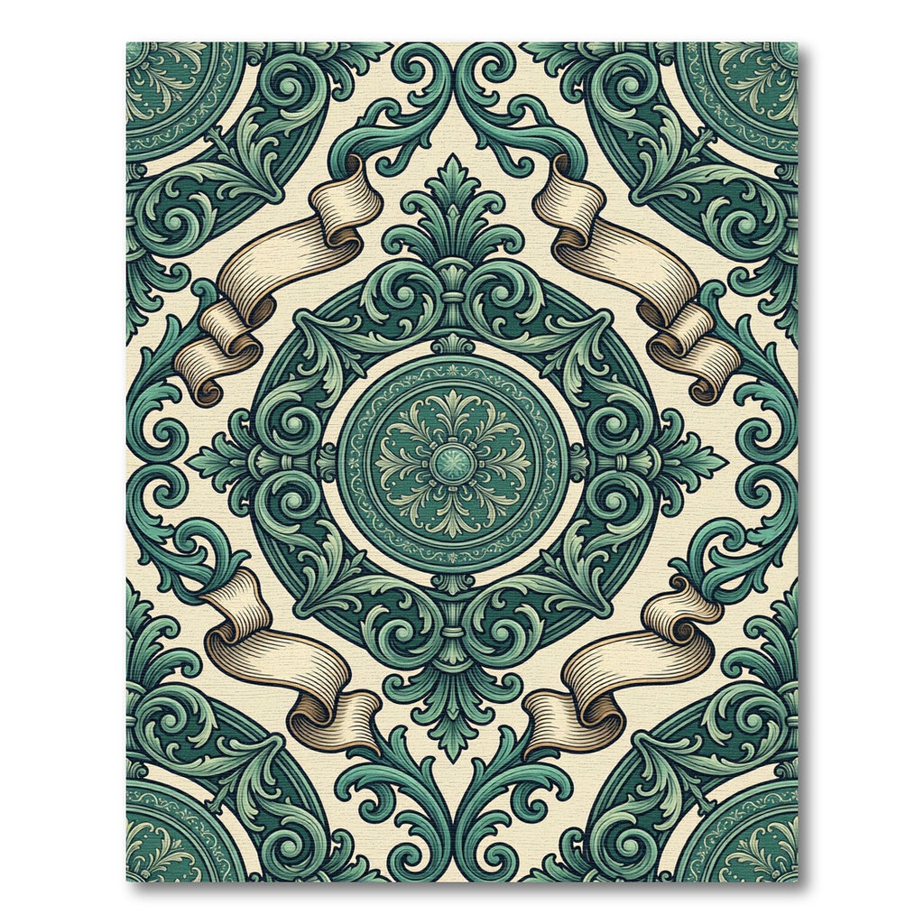 Emerald Baroque Scroll Ribbon Medallion Rug