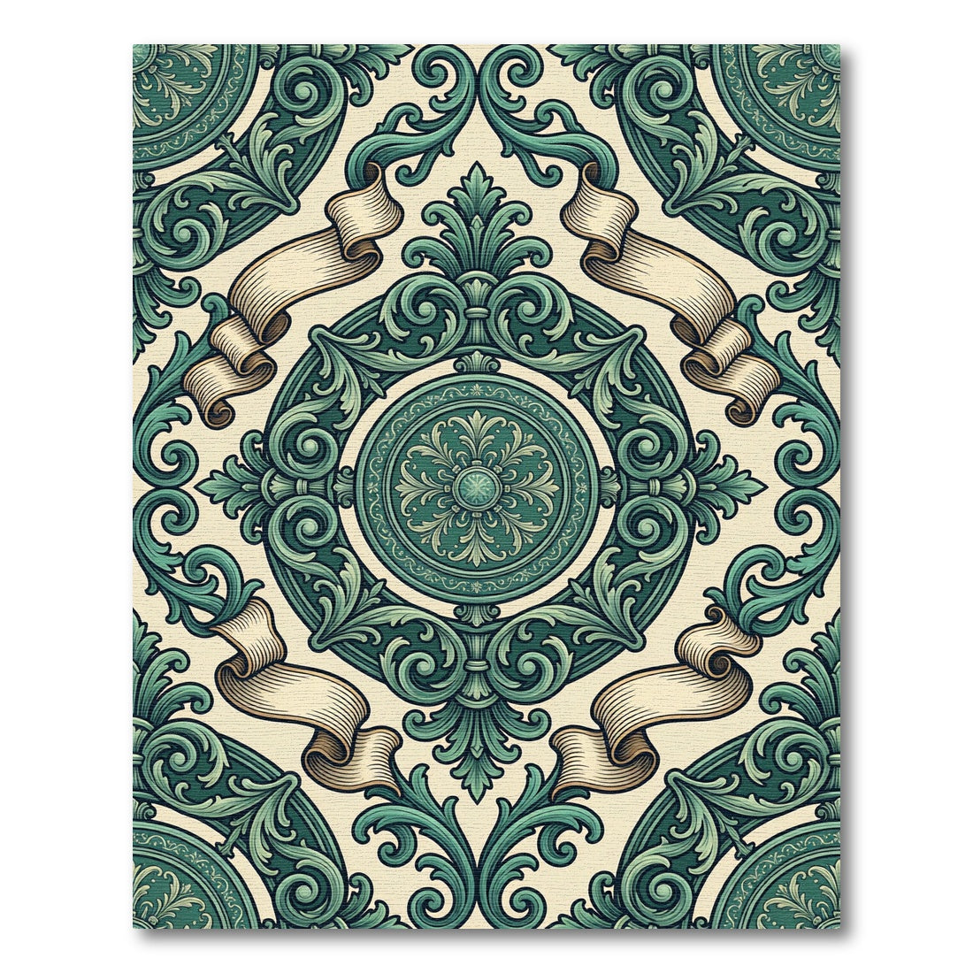 Emerald Baroque Scroll Ribbon Medallion Rug