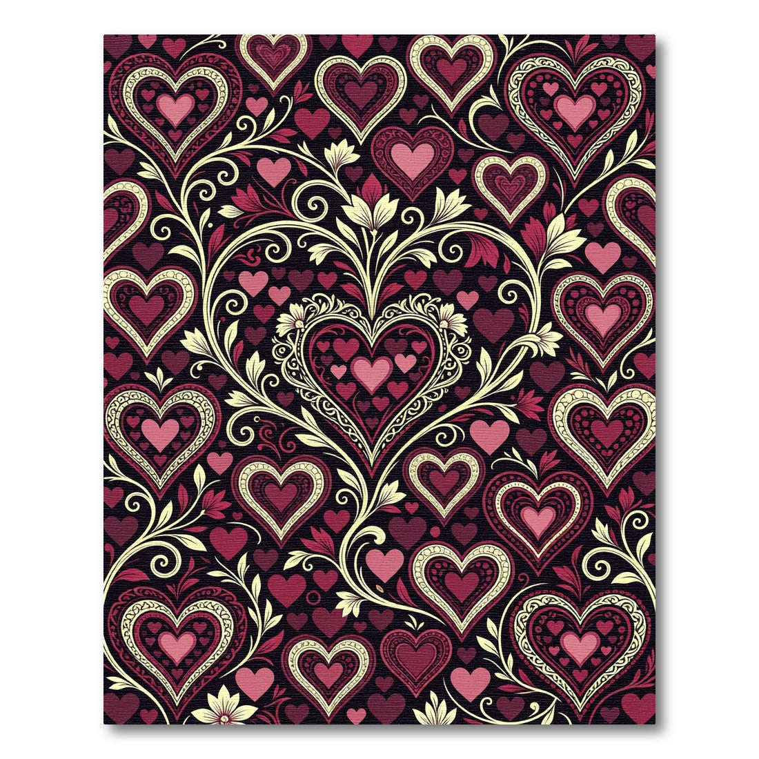 Ornate Crimson Heart Floral Swirl Rug