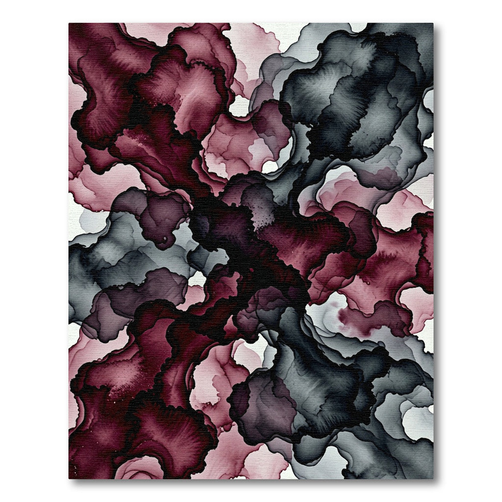Dark Plum and Charcoal Abstract Ink Wash Rug