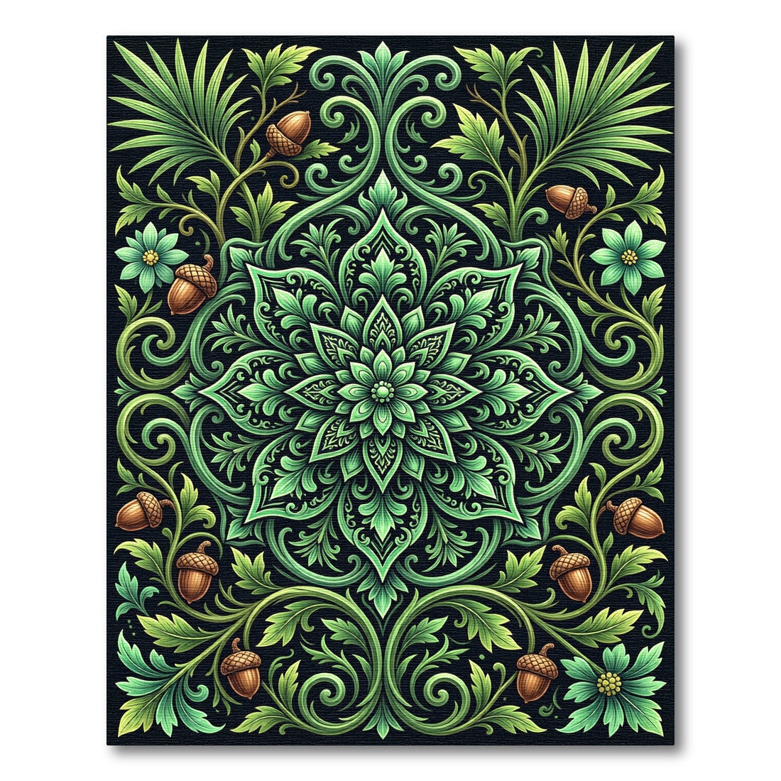 Elegant Green Verdant Acorn Medallion Rug