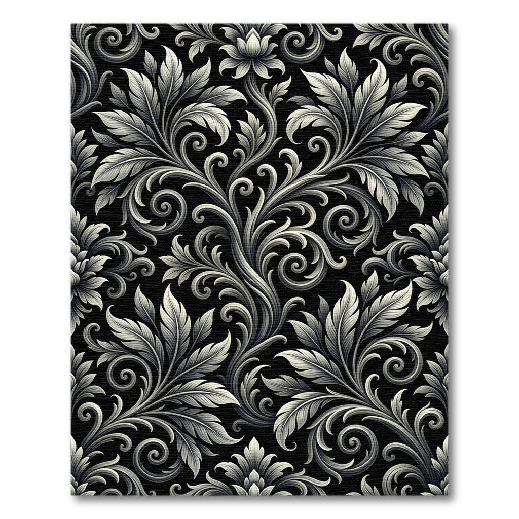Ornate Black White Floral Scroll Rug