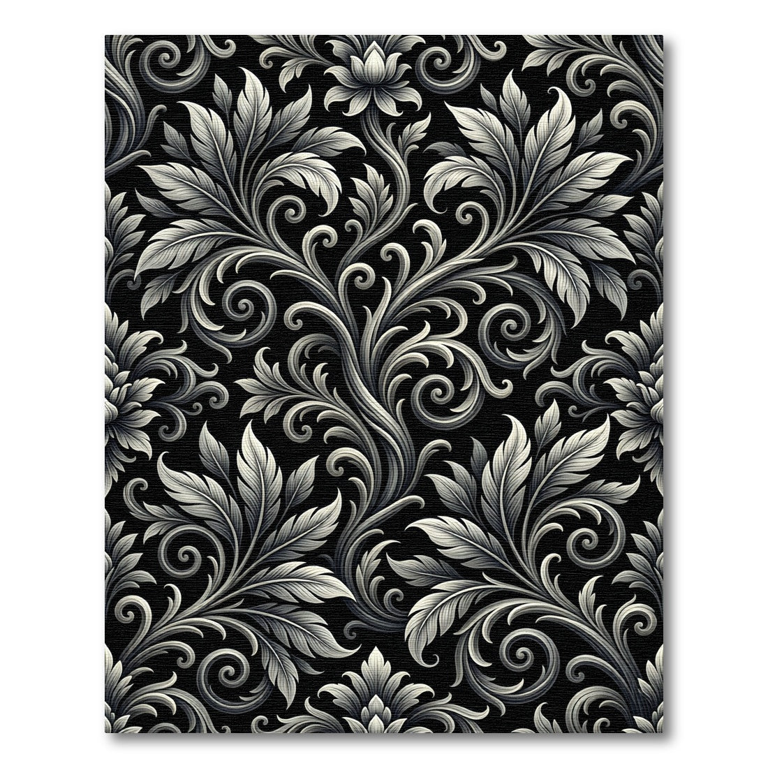 Ornate Black White Floral Scroll Rug