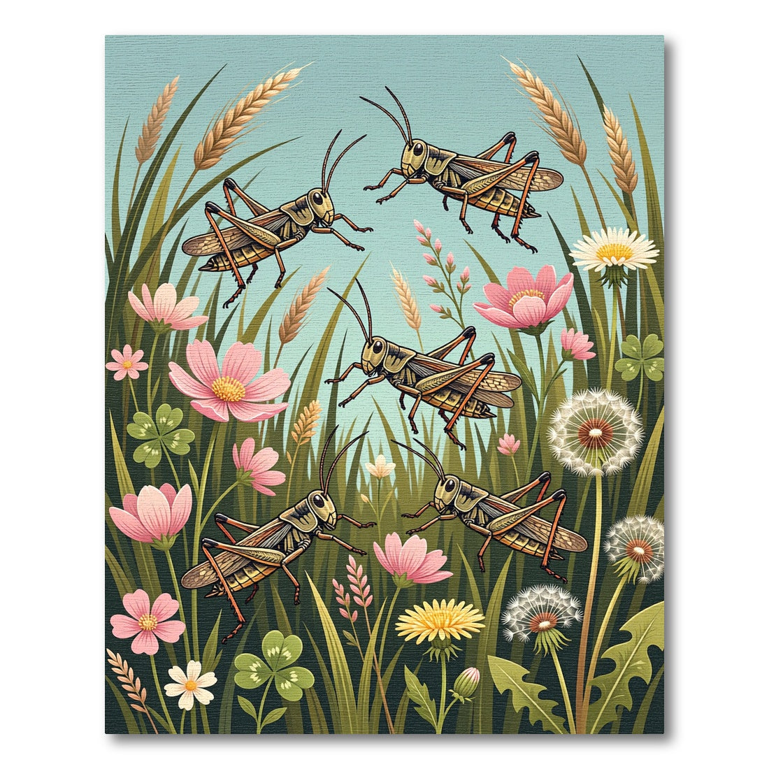 Whimsical Grasshopper Meadow Wildflower Illustration Rug