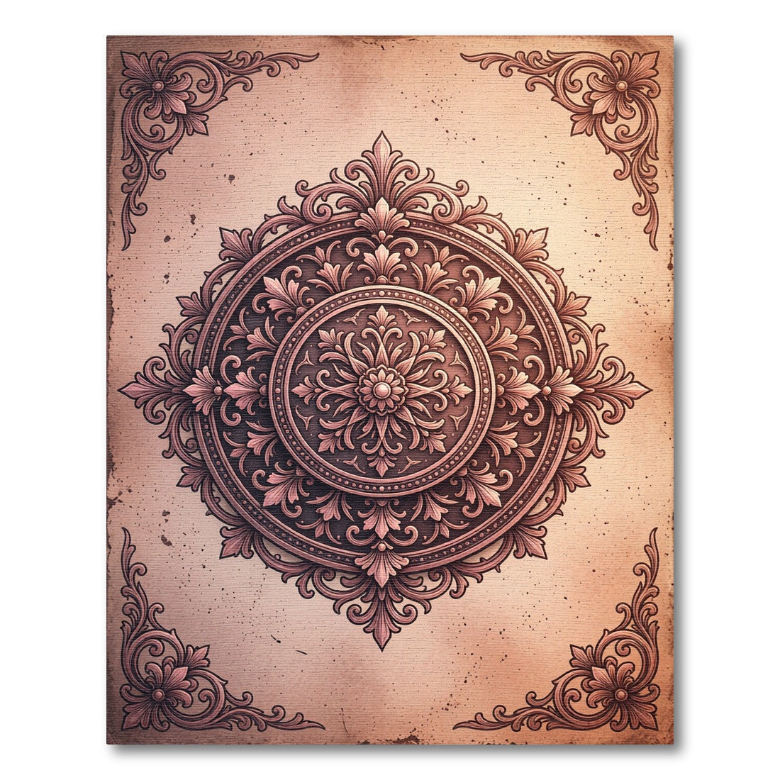 Vintage Terracotta Baroque Ornate Medallion Rug