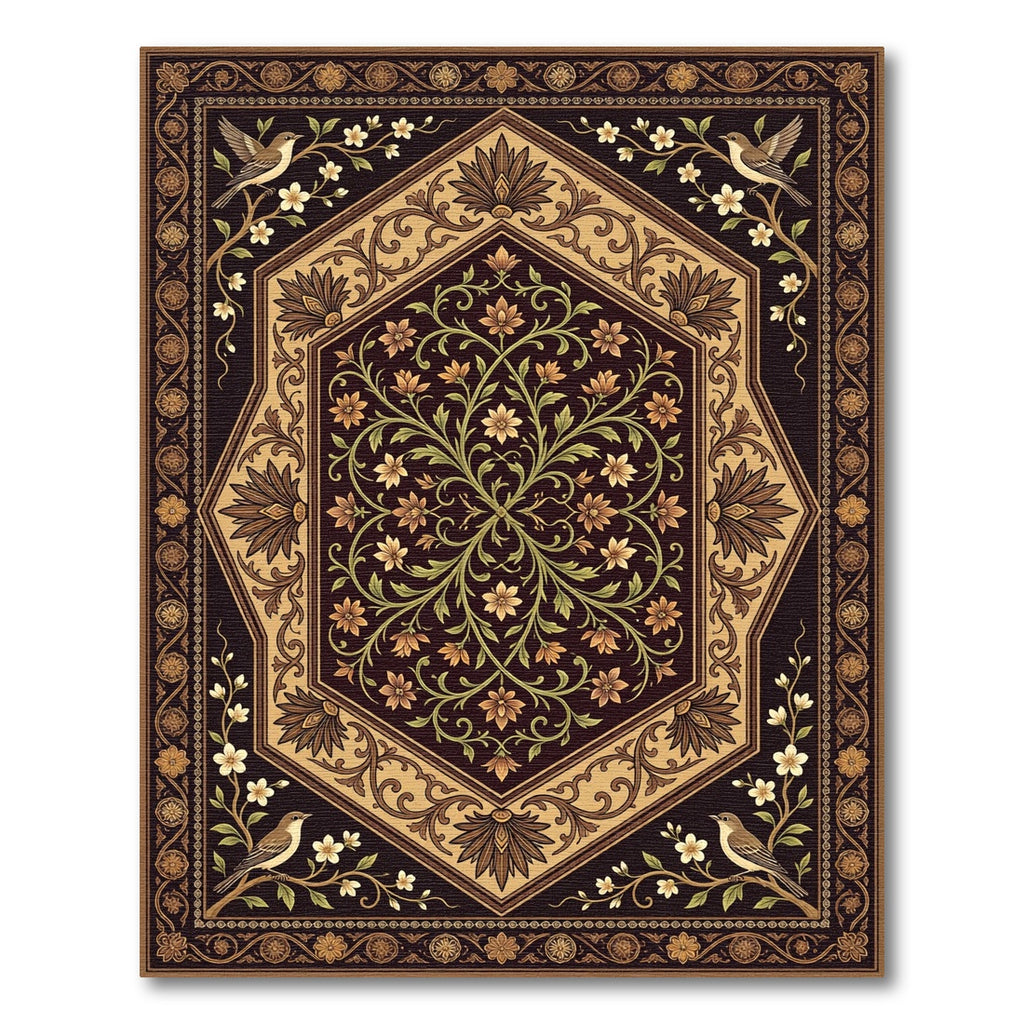 Elegant Floral Avian Hexagon Medallion Rug