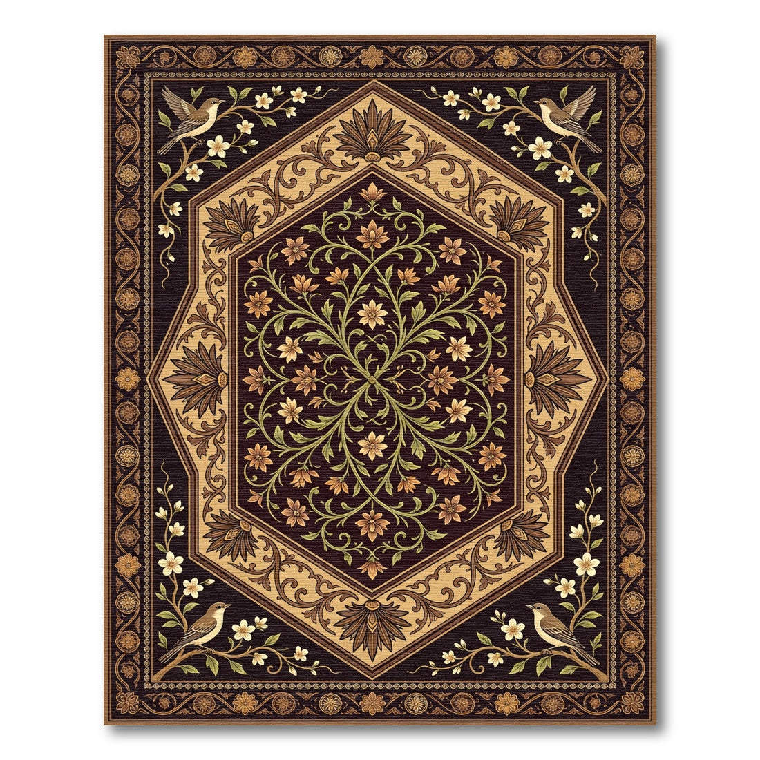 Elegant Floral Avian Hexagon Medallion Rug