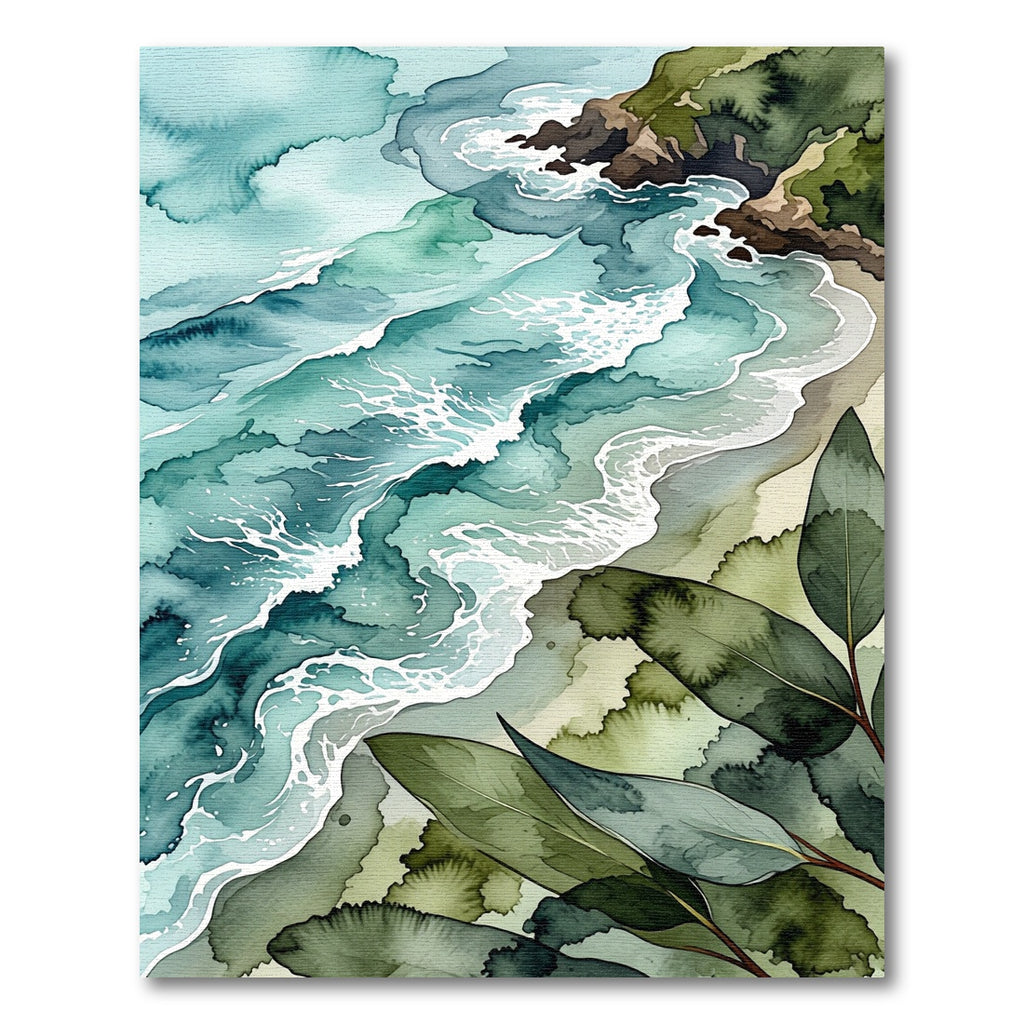Watercolor Coastal Teal Waves and Tropical Foliage Rug