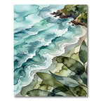 Watercolor Coastal Teal Waves and Tropical Foliage Rug