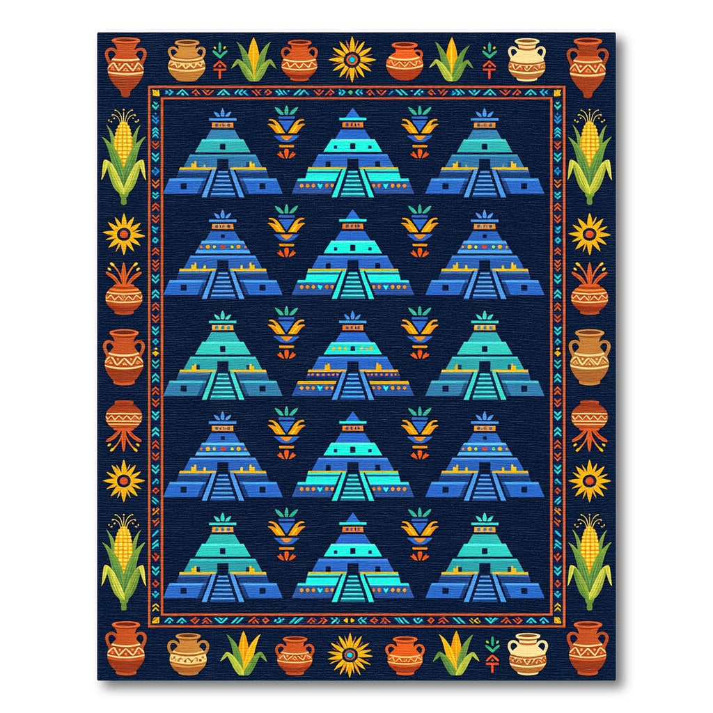 Aztec Temple Folk Art Blue Tapestry Rug