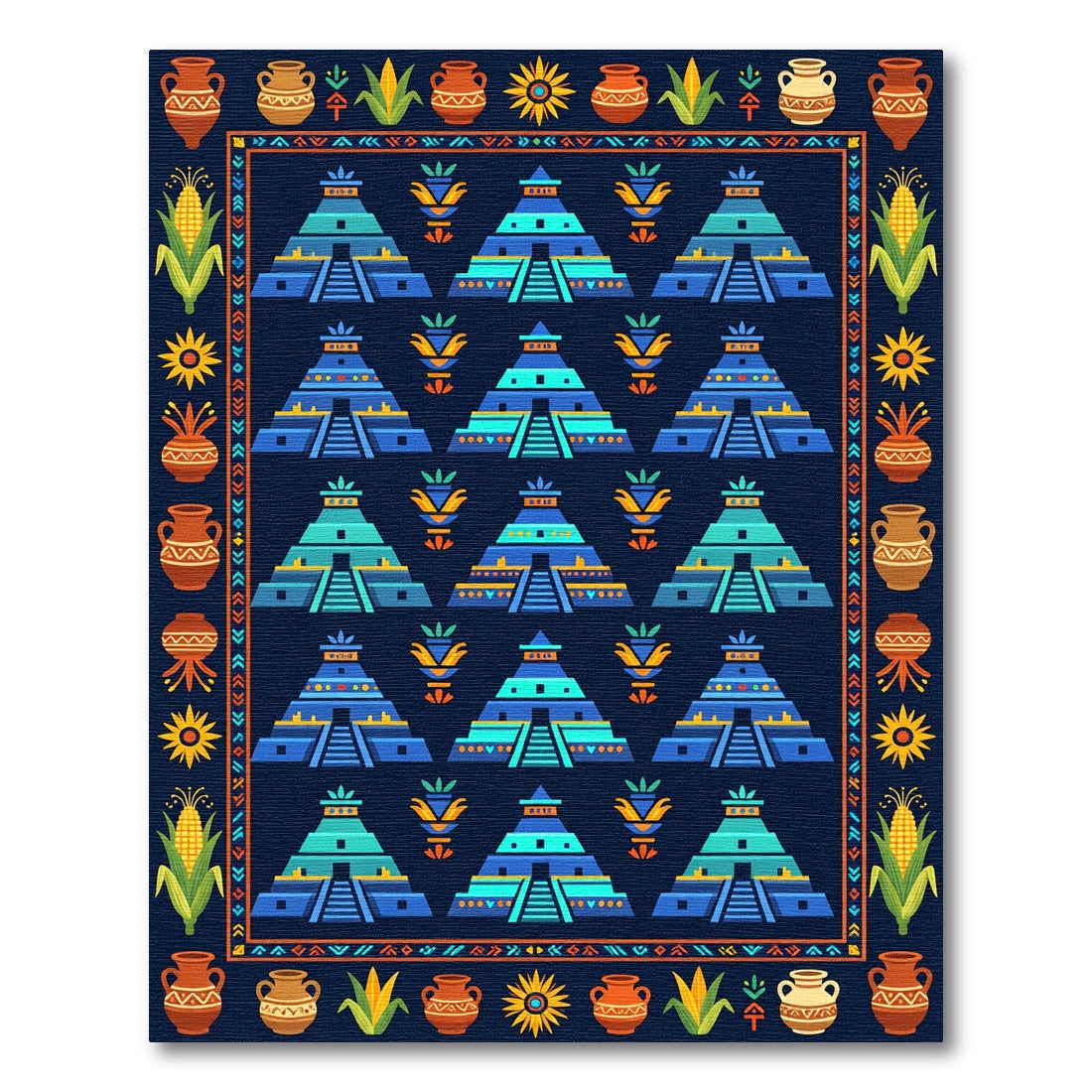 Aztec Temple Folk Art Blue Tapestry Rug