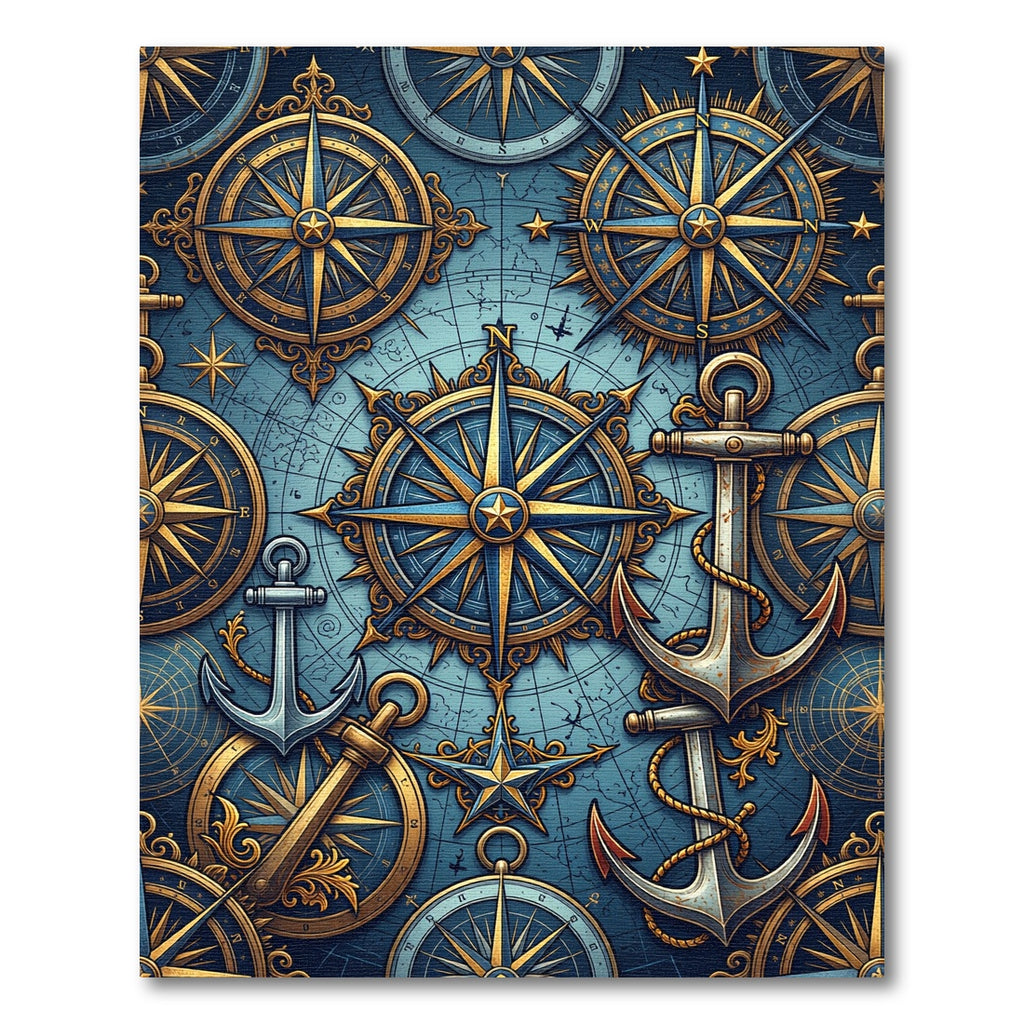 Nautical Golden Blue Compass Anchor Collage Rug