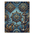 Nautical Golden Blue Compass Anchor Collage Rug