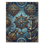 Nautical Golden Blue Compass Anchor Collage Rug