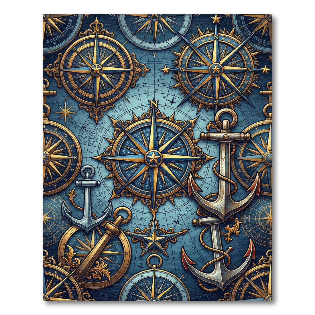Nautical Golden Blue Compass Anchor Collage Rug