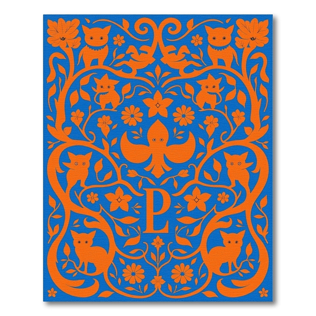 Orange Feline Floral Monogram Blue Rug