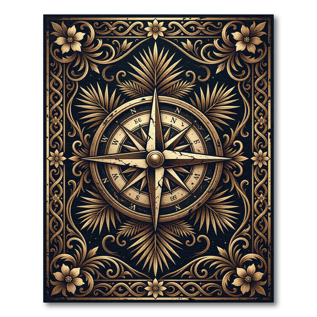 Gilded Nautical Compass Floral Scroll Rug