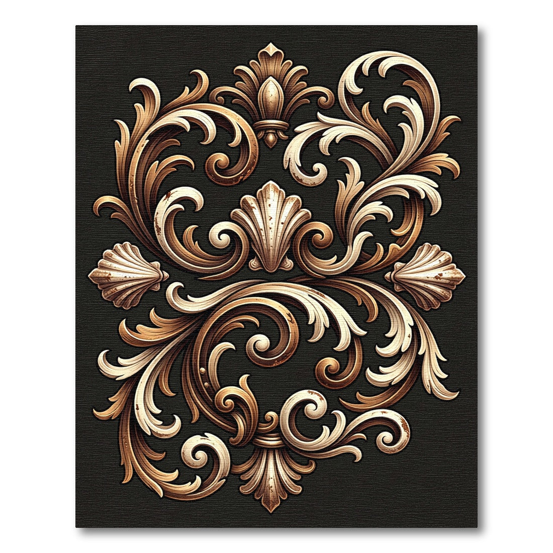 Ornate Gold Scrollwork Shell Medallion Rug