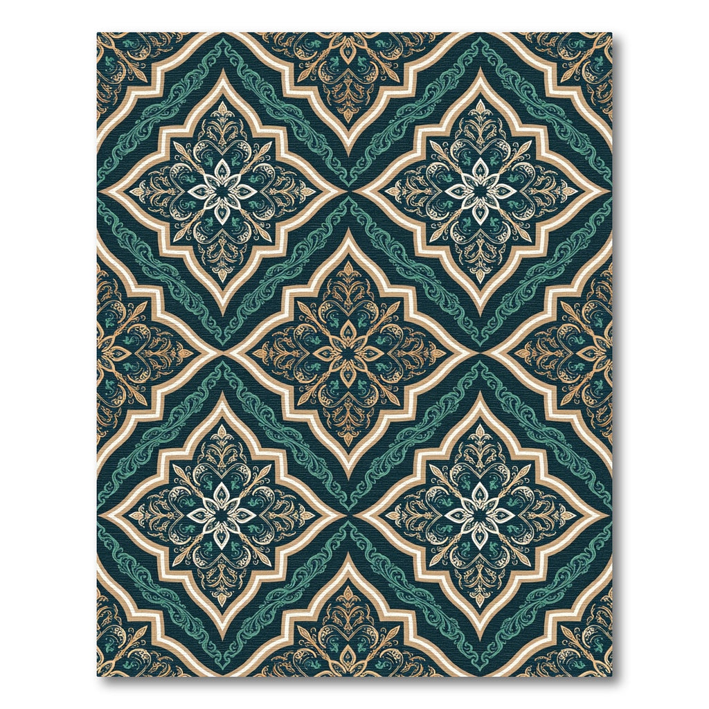 Elegant Teal Gold Damask Medallion Rug