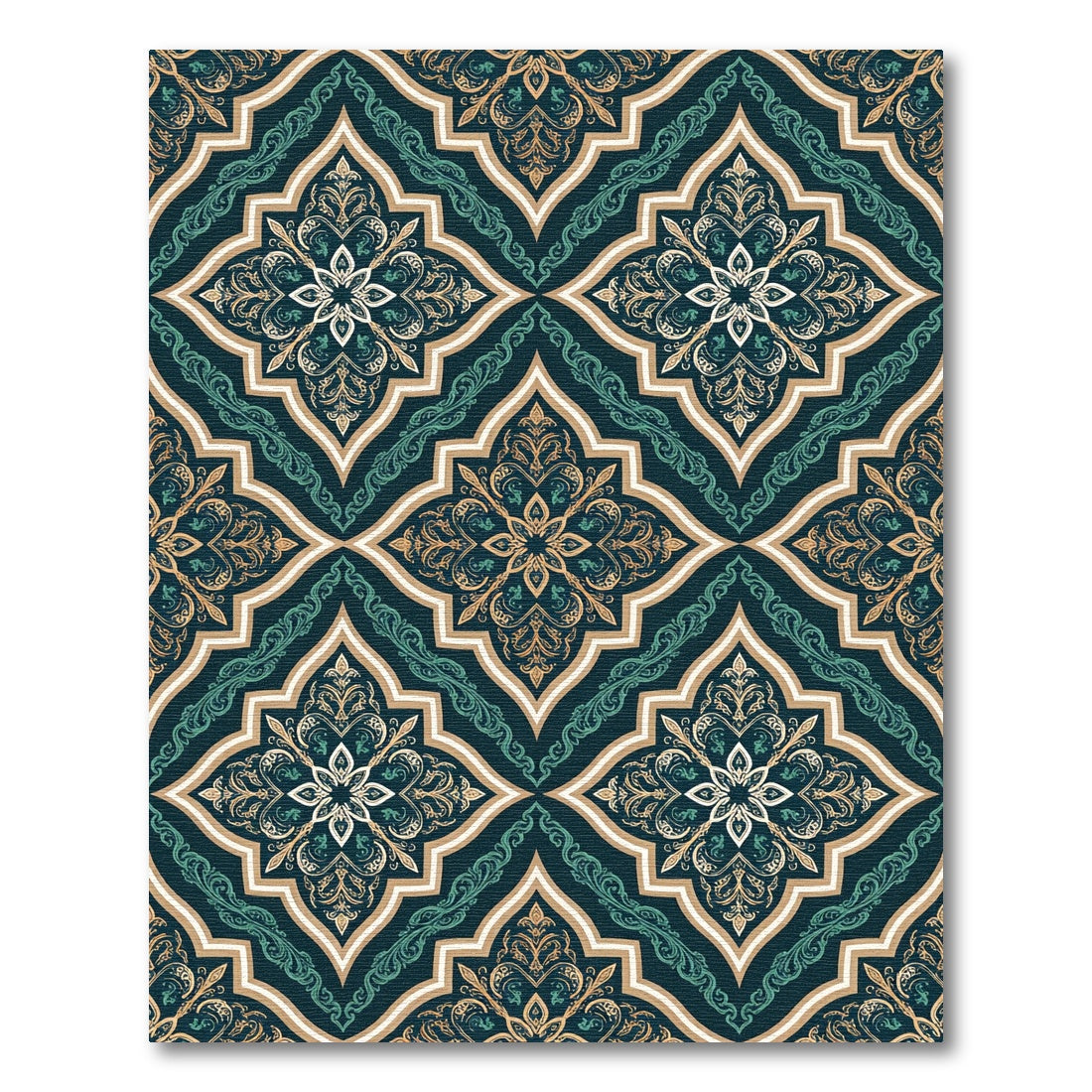 Elegant Teal Gold Damask Medallion Rug