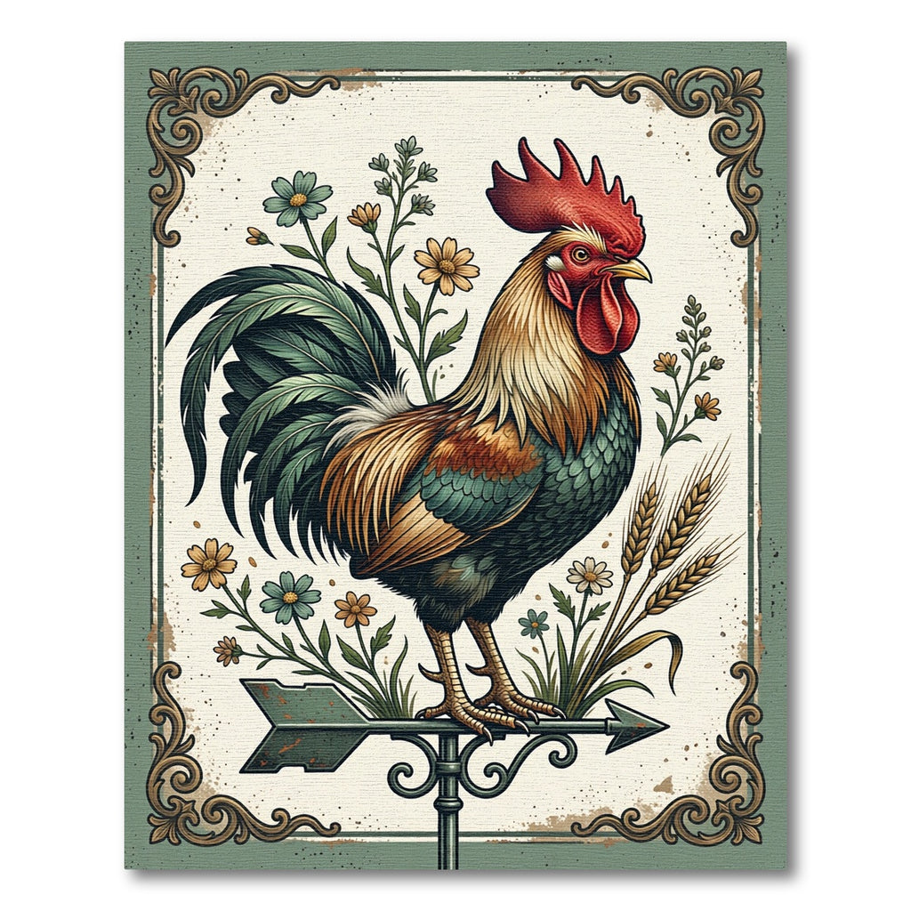 Rustic Farmhouse Rooster Floral Meadow Rug