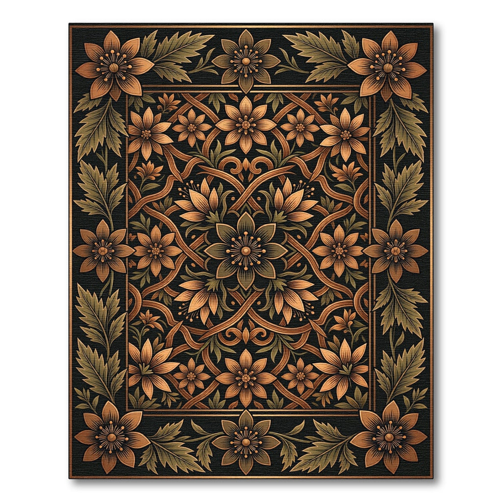 Gilded Floral Symmetry Ebony Tapestry Rug