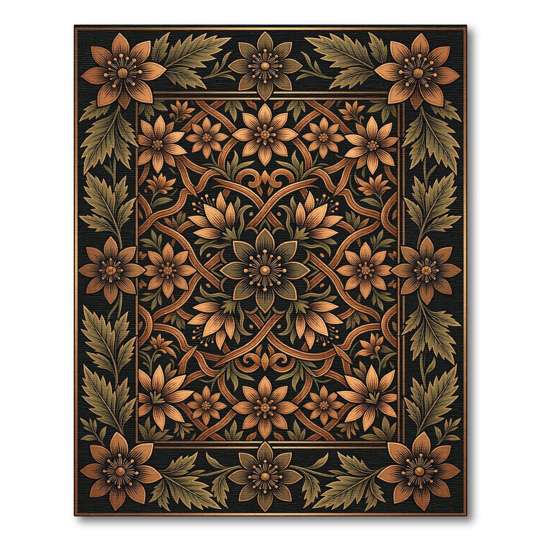 Gilded Floral Symmetry Ebony Tapestry Rug