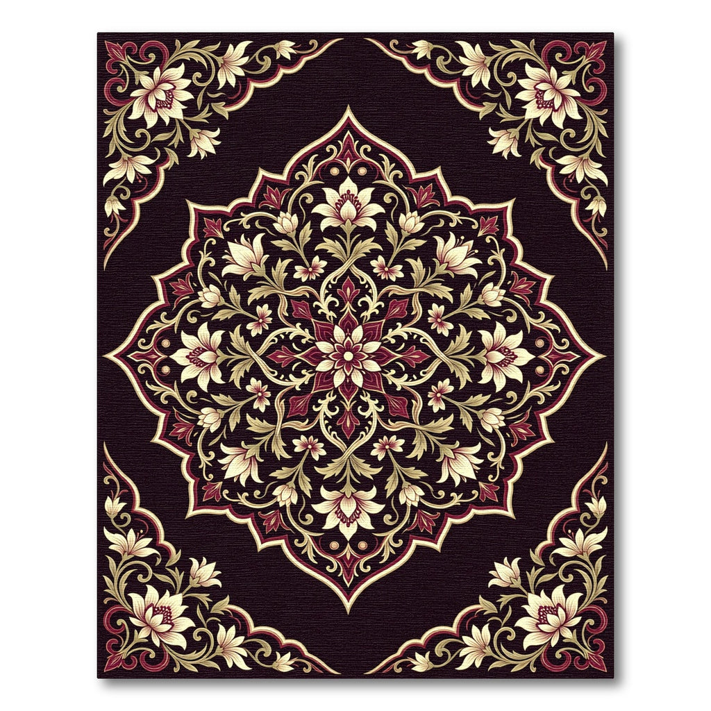 Cream Floral Medallion on Burgundy Background Rug
