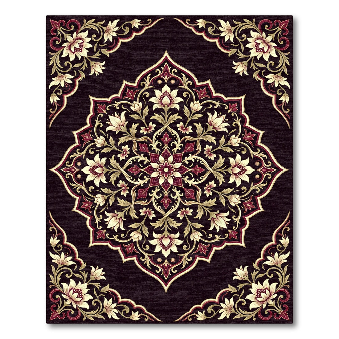 Cream Floral Medallion on Burgundy Background Rug