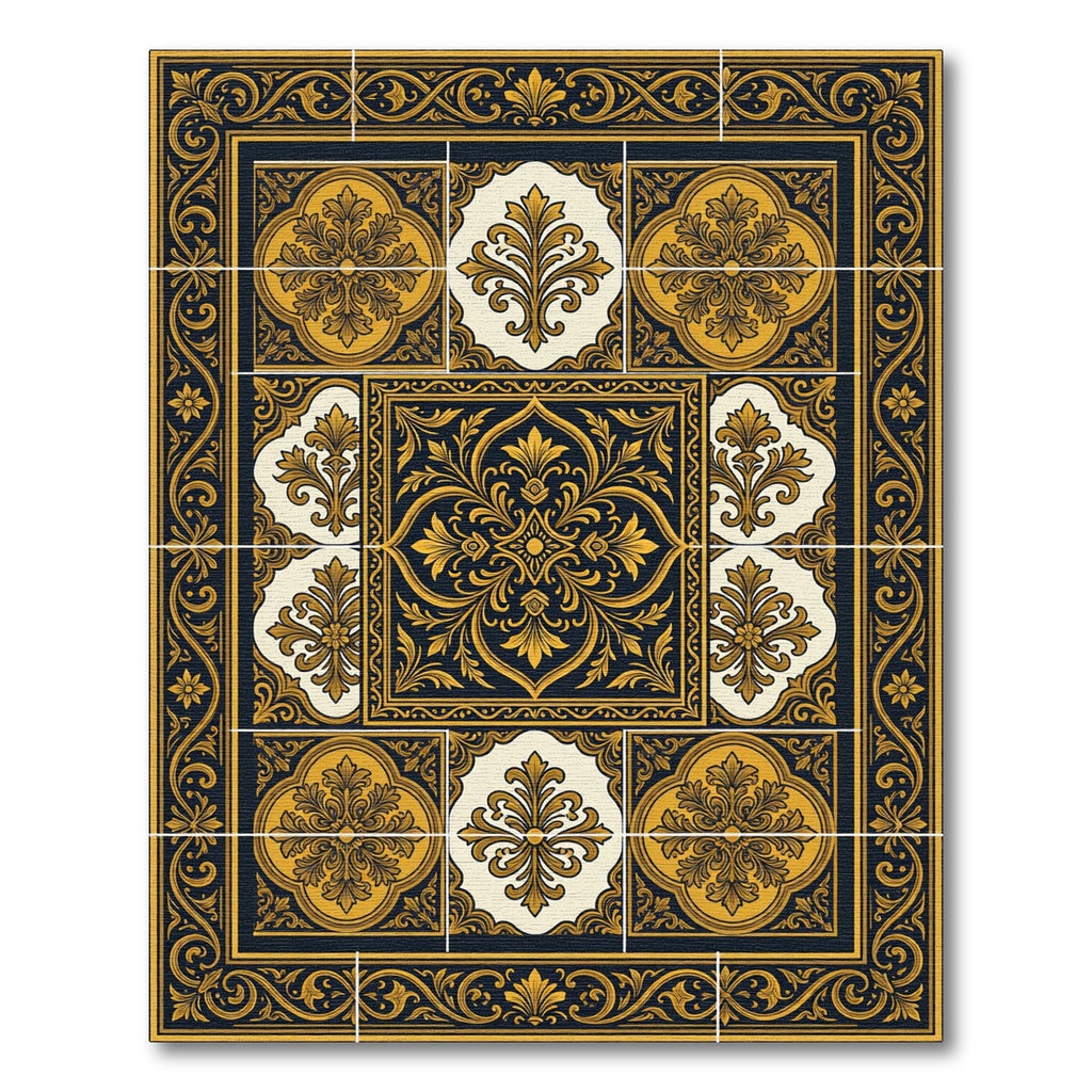 Ornate Gold and Navy Floral Tile Rug