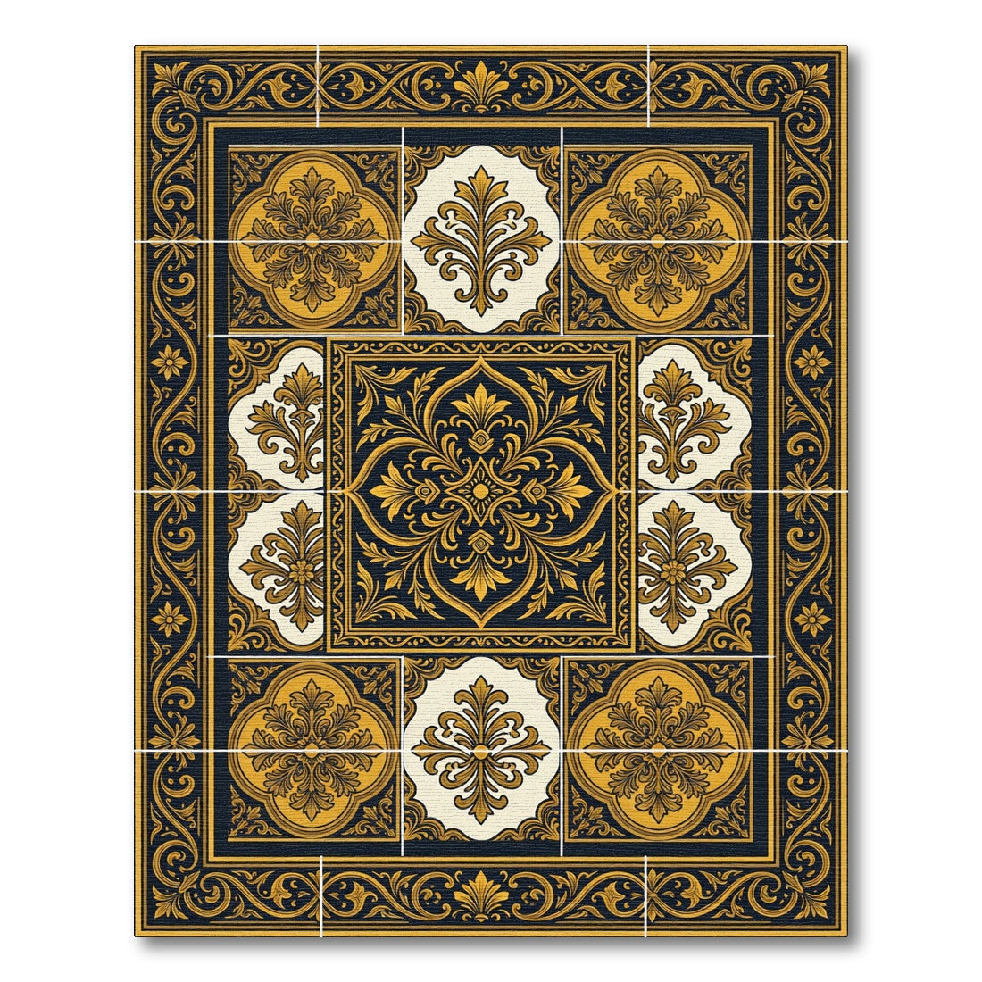 Ornate Gold and Navy Floral Tile Rug