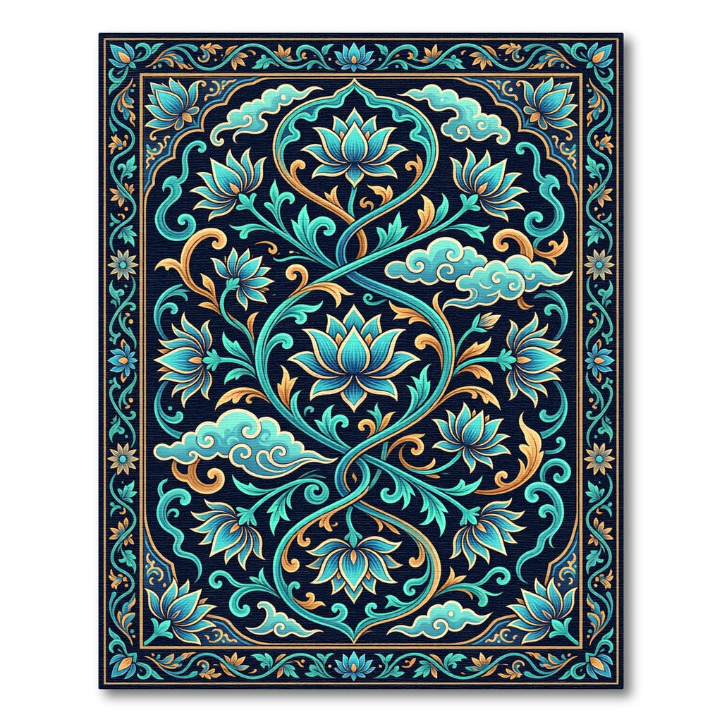 Intricate Teal Lotus Swirls Border Rug