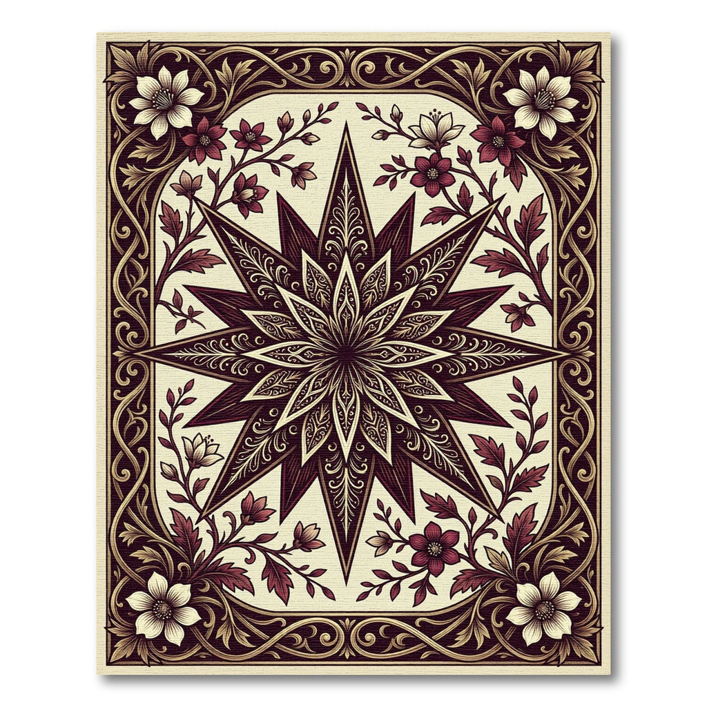 Elegant Deep Burgundy Floral Star Tapestry Rug