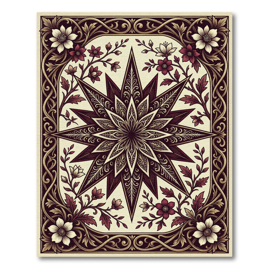 Elegant Deep Burgundy Floral Star Tapestry Rug