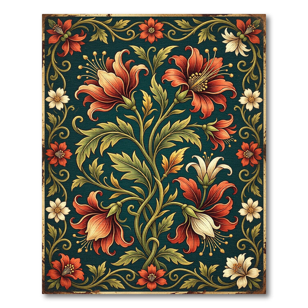 Vintage Red Floral Teal Botanical Rug