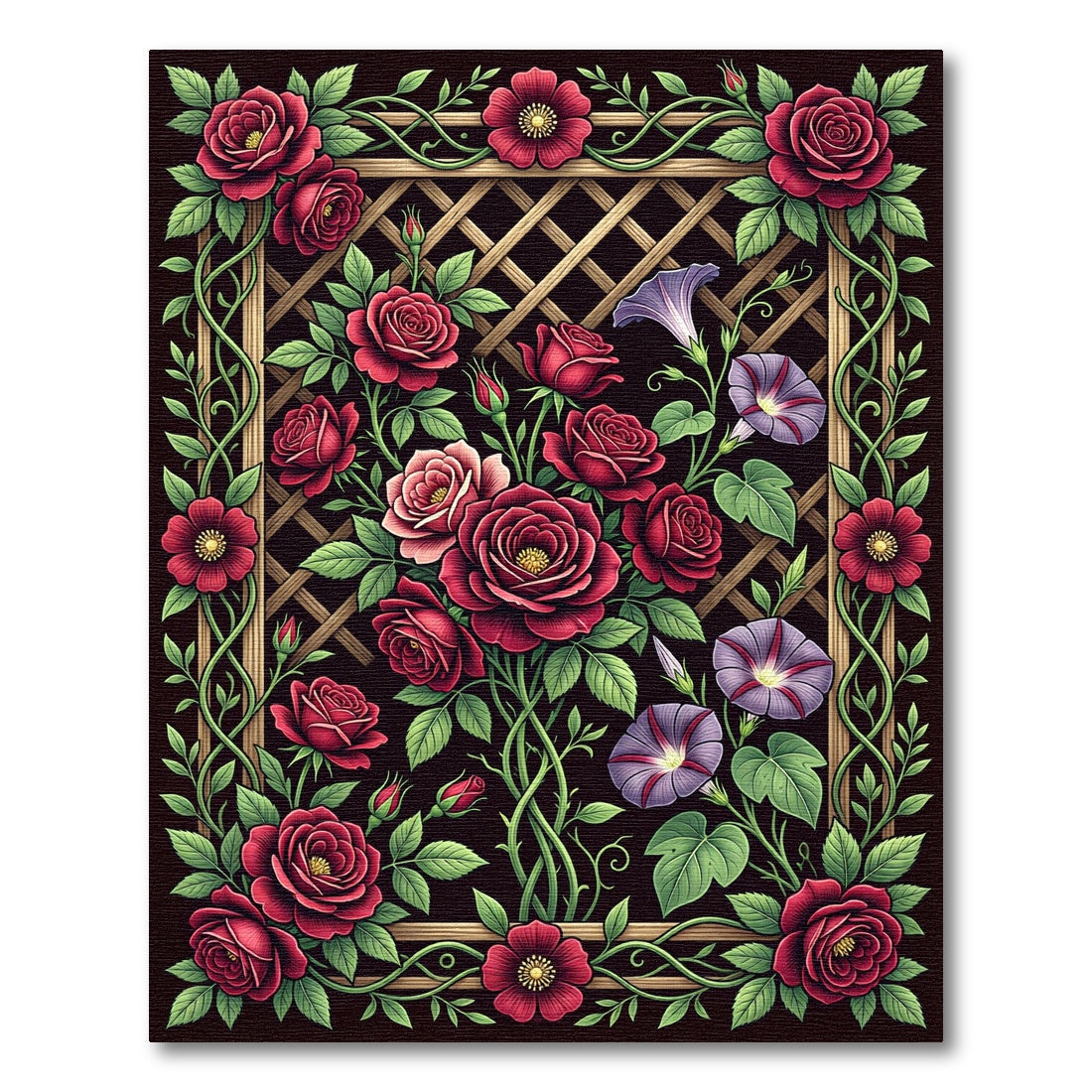 Enchanting Crimson Rose and Morning Glory Rug