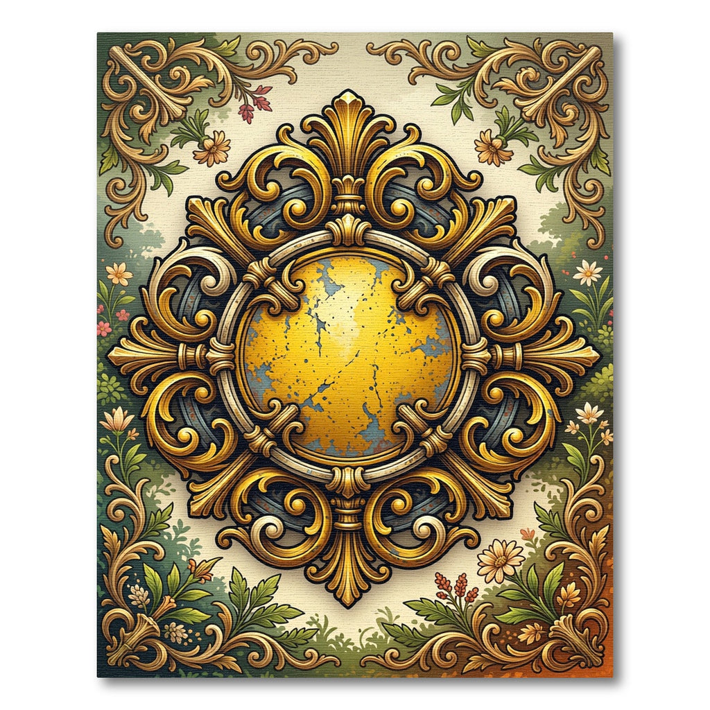 Golden Baroque Crest Floral Medallion Rug