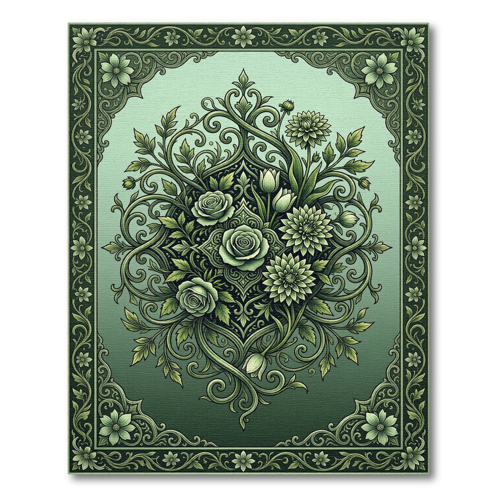 Elegant Sage Floral Scroll Medallion Art Rug