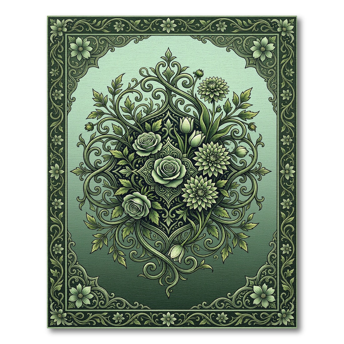 Elegant Sage Floral Scroll Medallion Art Rug