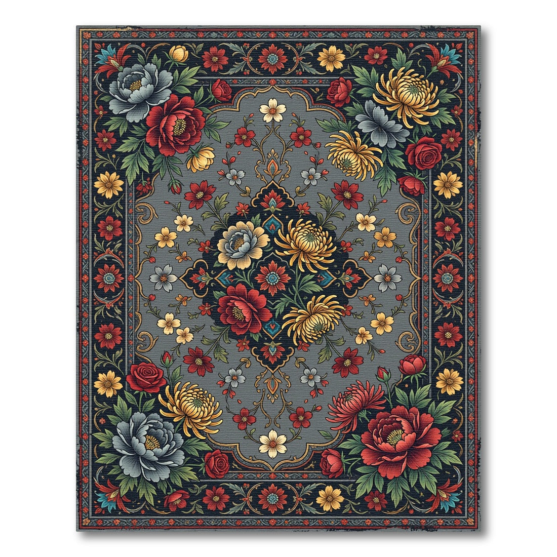 Elegance Gray Floral Medallion Garden Rug
