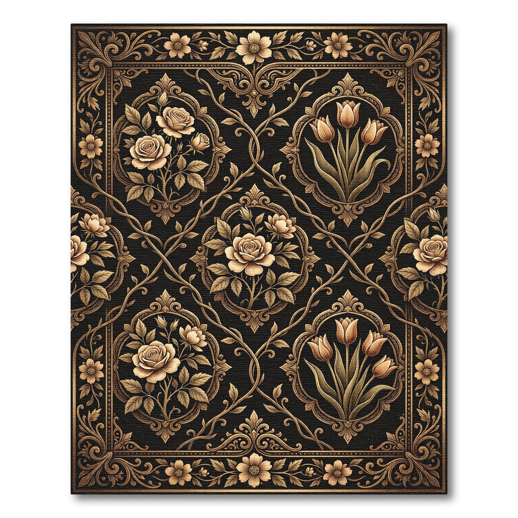 Ornate Black Gold Floral Vines Rug