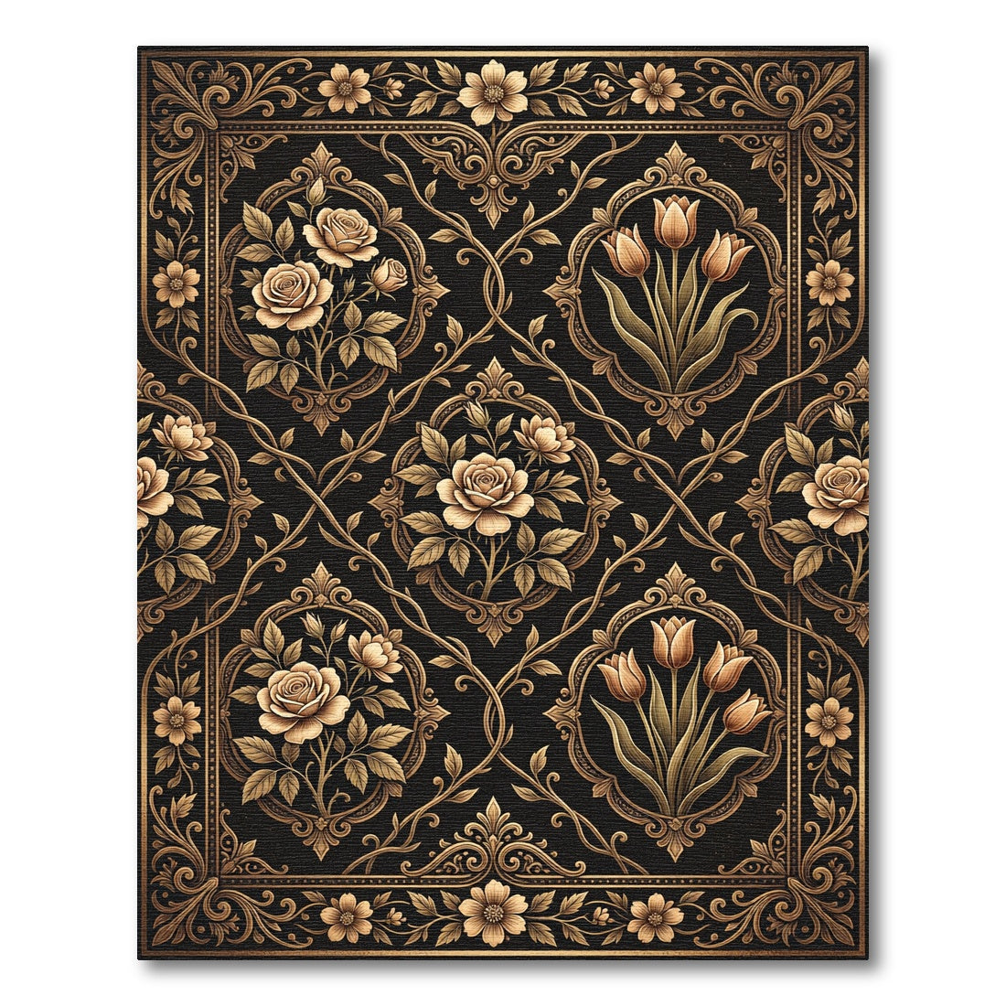 Ornate Black Gold Floral Vines Rug