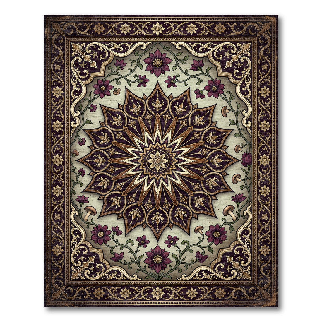 Elegant Plum Floral Gold Medallion Art Rug