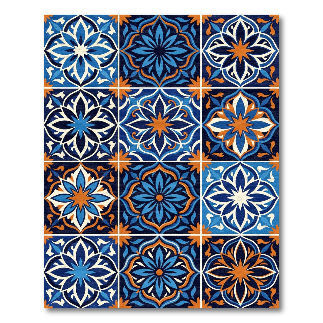Blue and Orange Mediterranean Floral Tile Rug