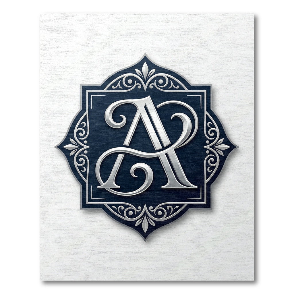 Ornate Navy Silver Monogram Emblem Rug