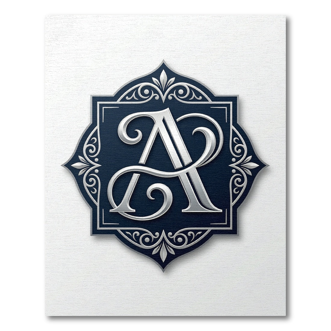 Ornate Navy Silver Monogram Emblem Rug