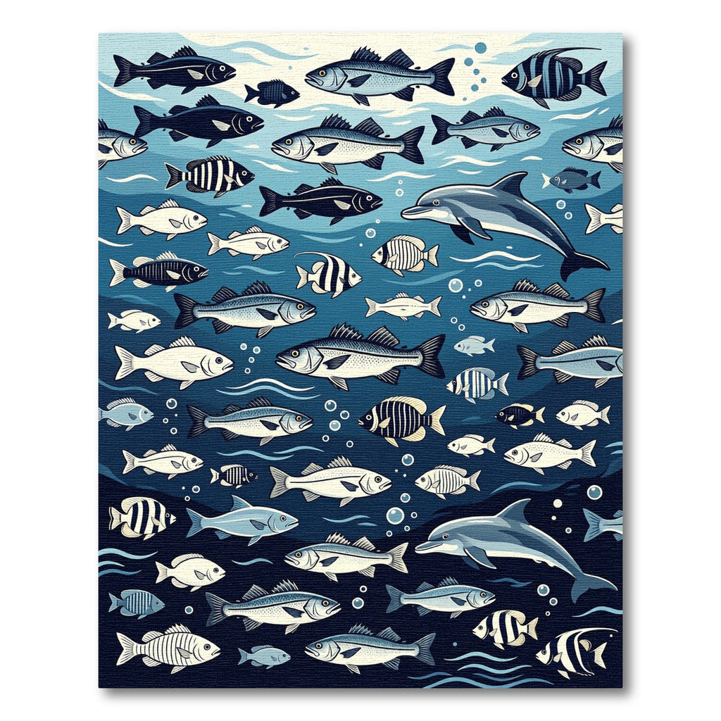 Whimsical Deep Blue Ocean Schooling Fish Rug